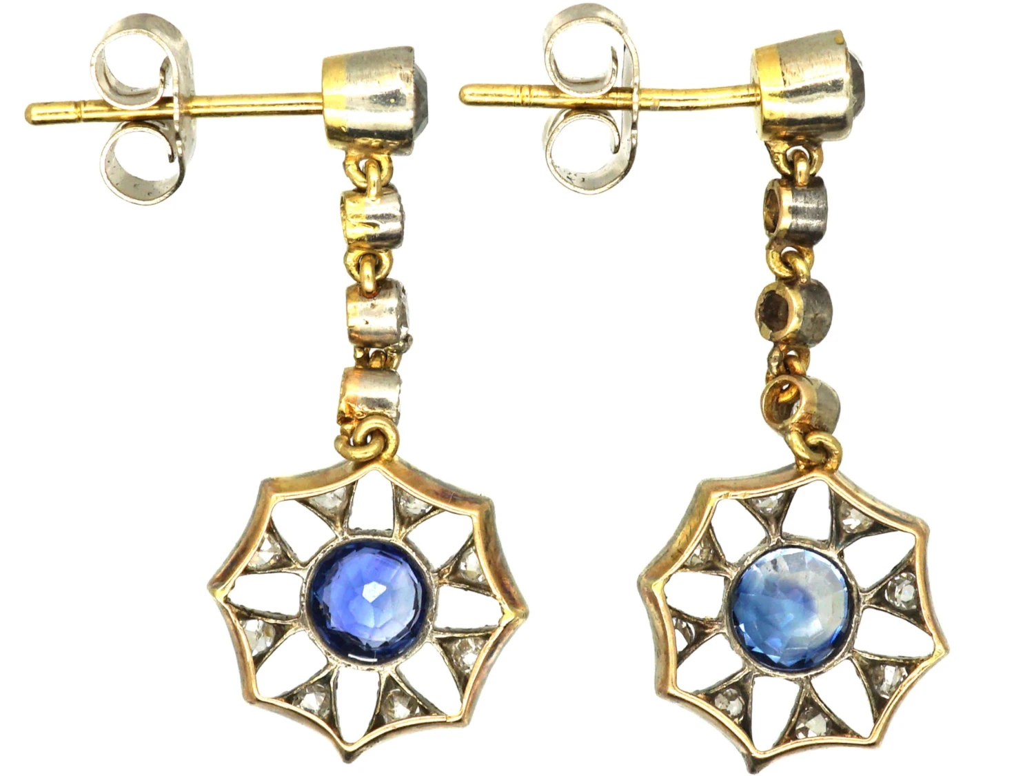 Edwardian 15ct Gold & Platinum, Sapphire & Diamond Star Motif Drop Earrings 4 Edwardian 15ct Gold & Platinum, Sapphire & Diamond Star Motif Drop Earrings - Image 2