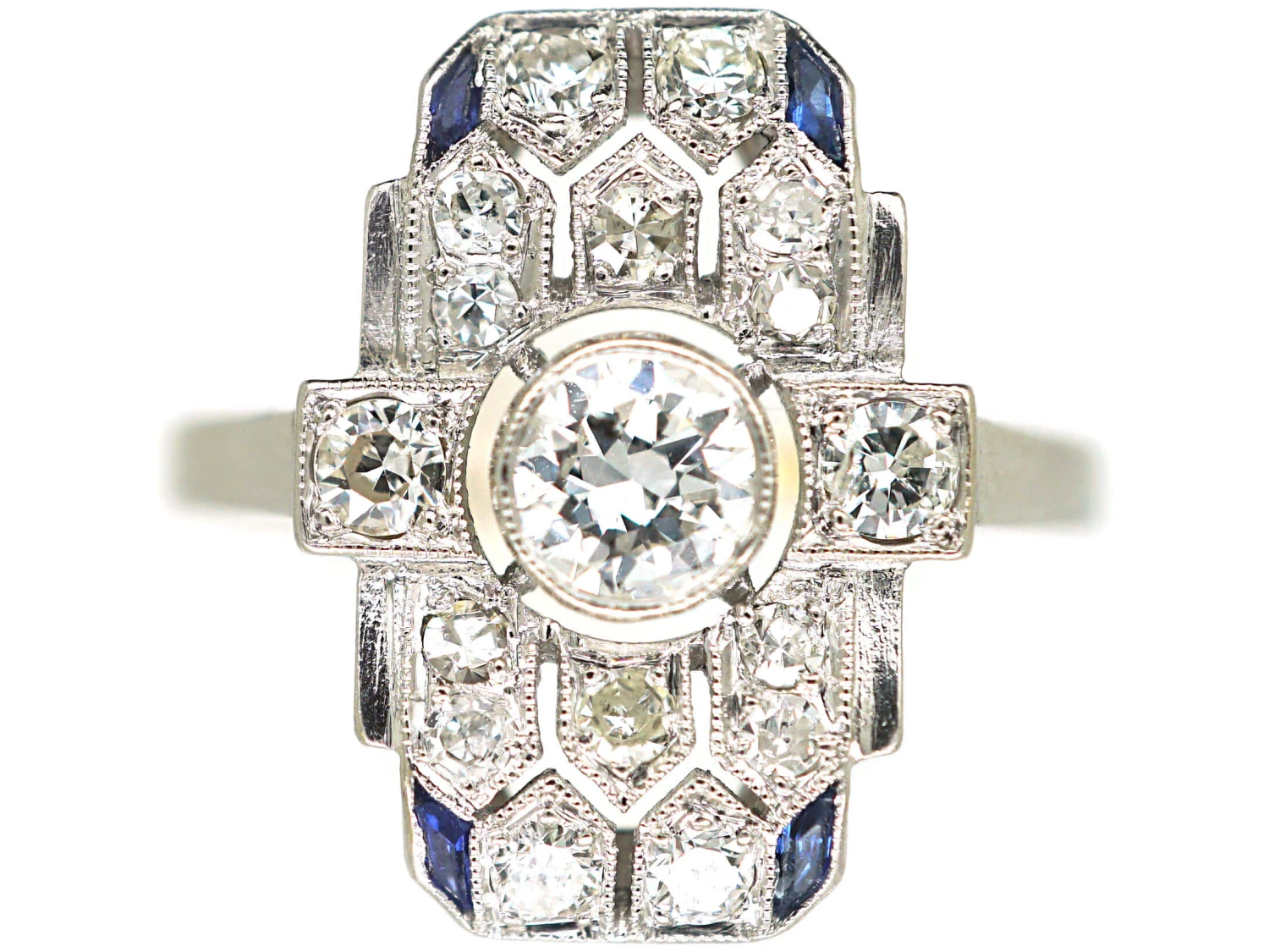 Art Deco Platinum, Diamond & Sapphire Rectangular Geometric Ring 3 Art Deco Platinum, Diamond & Sapphire Rectangular Geometric Ring