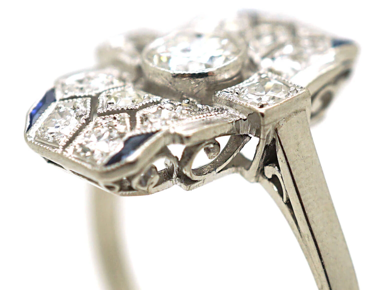 Art Deco Platinum, Diamond & Sapphire Rectangular Geometric Ring 5 Art Deco Platinum, Diamond & Sapphire Rectangular Geometric Ring - Image 3