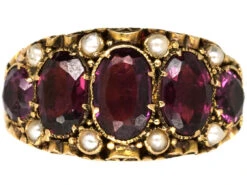 Victorian 15ct Gold, Almandine Garnet & Natural Split Pearls Ring