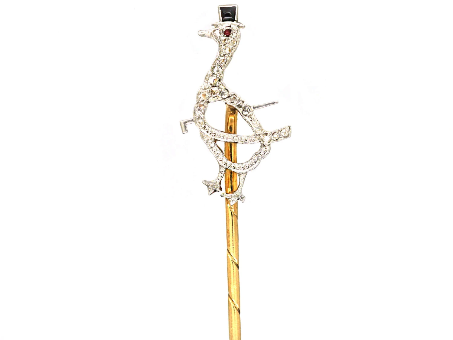 Art Deco 18ct Gold & Platinum, Onyx, Rose Diamond & Ruby Tie Pin Of A Duck With Top Hat & Swagger Stick 3 Art Deco 18ct Gold & Platinum, Onyx, Rose Diamond & Ruby Tie Pin Of A Duck With Top Hat & Swagger Stick