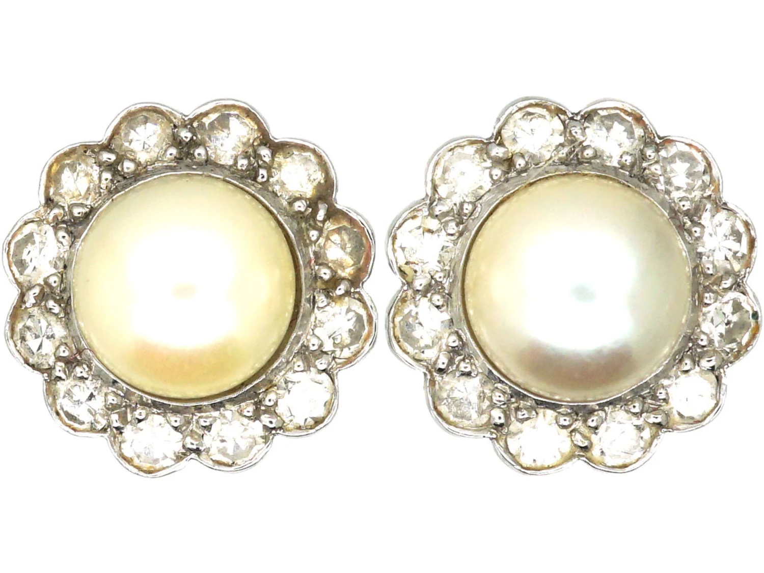 Edwardian 18ct White Gold, Diamond & Pearl Cluster Earrings 3 Edwardian 18ct White Gold, Diamond & Pearl Cluster Earrings