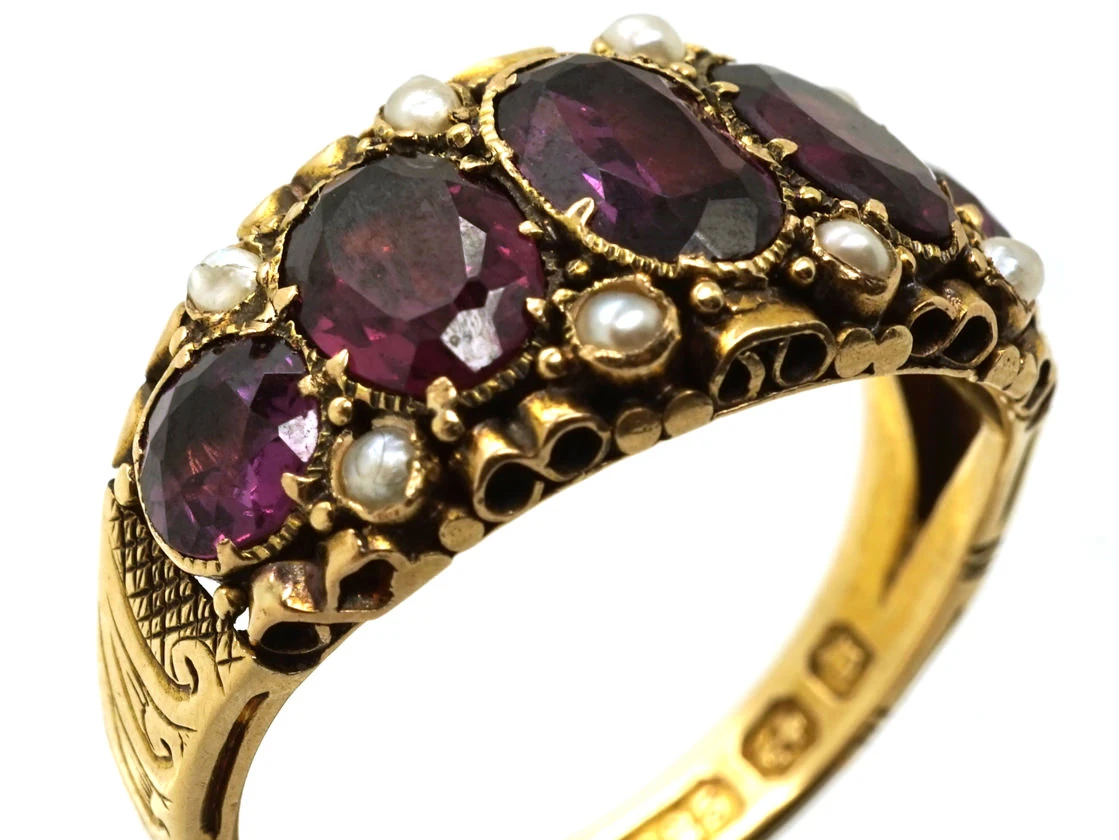 Victorian 15ct Gold, Almandine Garnet & Natural Split Pearls Ring 6 Victorian 15ct Gold, Almandine Garnet & Natural Split Pearls Ring - Image 4