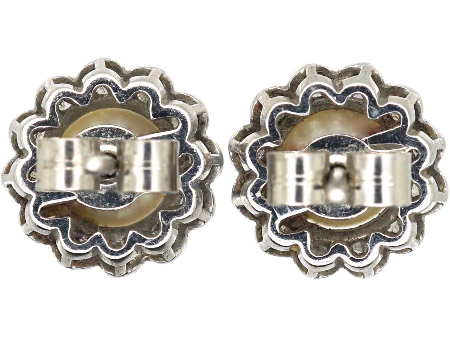 Edwardian 18ct White Gold, Diamond & Pearl Cluster Earrings 4 Edwardian 18ct White Gold, Diamond & Pearl Cluster Earrings - Image 2