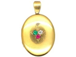 Victorian 18ct Gold Oval Locket Set With An Emerald, Diamond And A Ruby