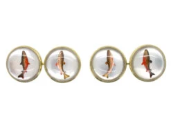 14ct Gold Rock Crystal Intaglio Cufflinks Of Salmon & Trout
