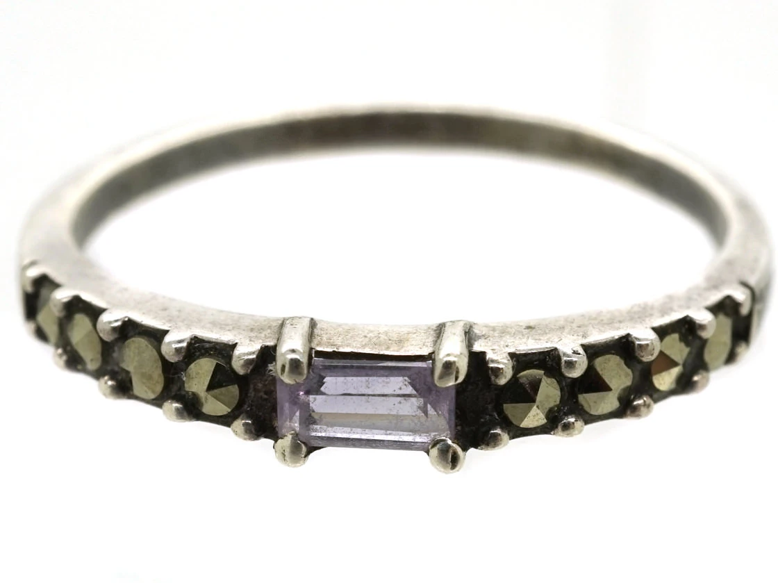 Silver Narrow Ring Set With Marcasite & Pink Paste 5 Silver Narrow Ring Set With Marcasite & Pink Paste - Image 3