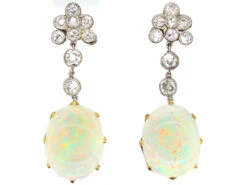 Edwardian Platinum & 15ct Gold Drop Earrings Set With Opals & Diamonds