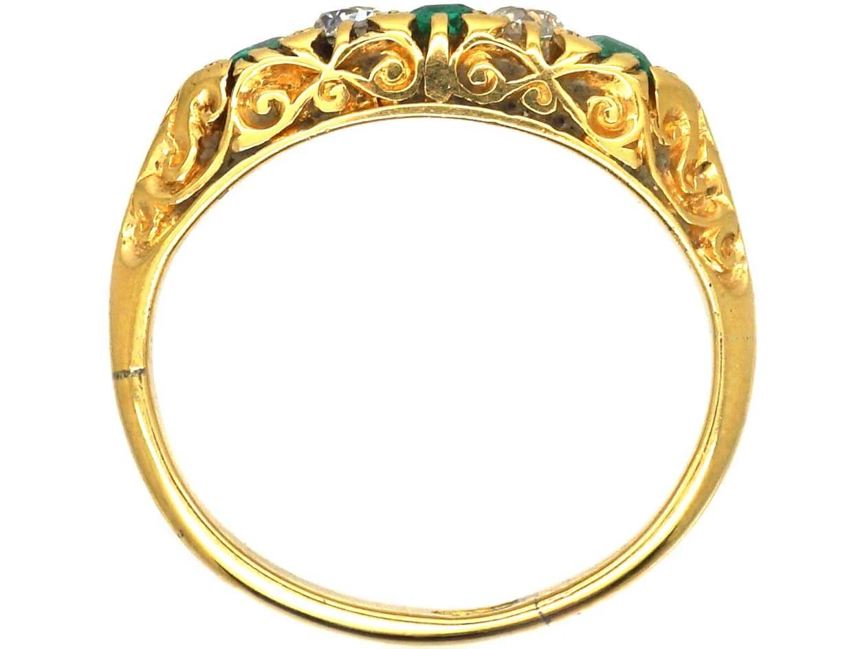 Victorian 18ct Gold, Emerald And Diamond Carved Half Hoop Five Stone Ring 4 Victorian 18ct Gold, Emerald And Diamond Carved Half Hoop Five Stone Ring - Image 2
