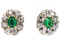 18ct White & Yellow Gold, Emerald & Diamond Cluster Earrings
