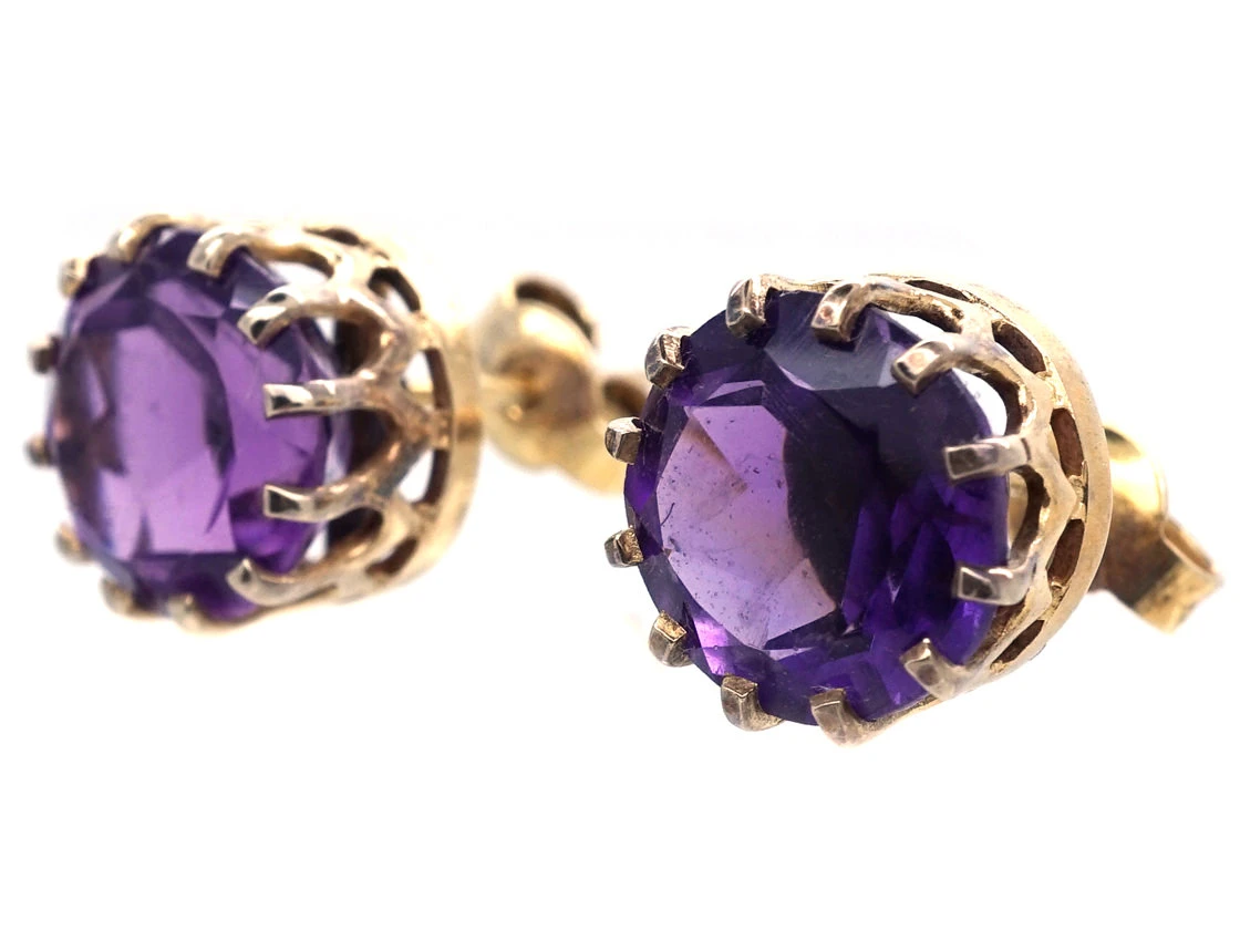 9ct Gold & Amethyst Round Stud Earrings 8 9ct Gold & Amethyst Round Stud Earrings - Image 6