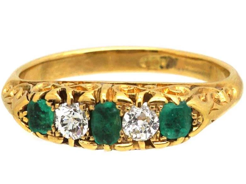 Victorian 18ct Gold, Emerald And Diamond Carved Half Hoop Five Stone Ring 9 Victorian 18ct Gold, Emerald And Diamond Carved Half Hoop Five Stone Ring - Image 7
