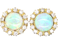 Edwardian 18ct Gold, Opal & Diamond Cluster Earrings