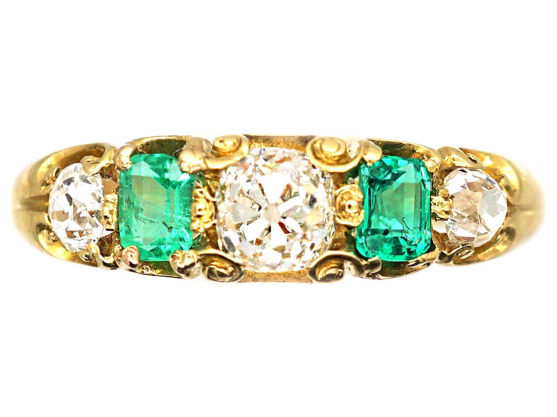 Early Victorian 18ct Gold, Emerald & Diamond Five Stone Ring 3 Early Victorian 18ct Gold, Emerald & Diamond Five Stone Ring