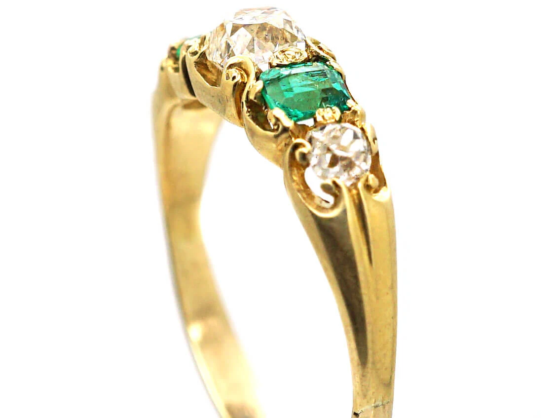 Early Victorian 18ct Gold, Emerald & Diamond Five Stone Ring 4 Early Victorian 18ct Gold, Emerald & Diamond Five Stone Ring - Image 2
