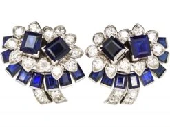 Retro 18ct White Gold Sapphire & Diamond Clip On Flower Earrings Attributed To Cartier