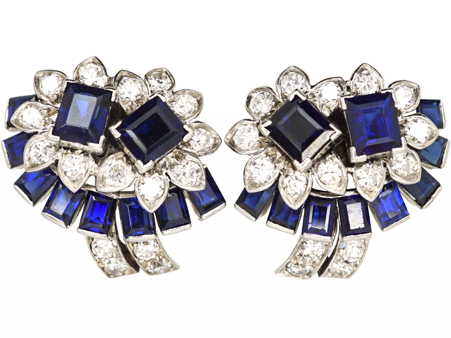 Retro 18ct White Gold Sapphire & Diamond Clip On Flower Earrings Attributed To Cartier 3 Retro 18ct White Gold Sapphire & Diamond Clip On Flower Earrings Attributed To Cartier
