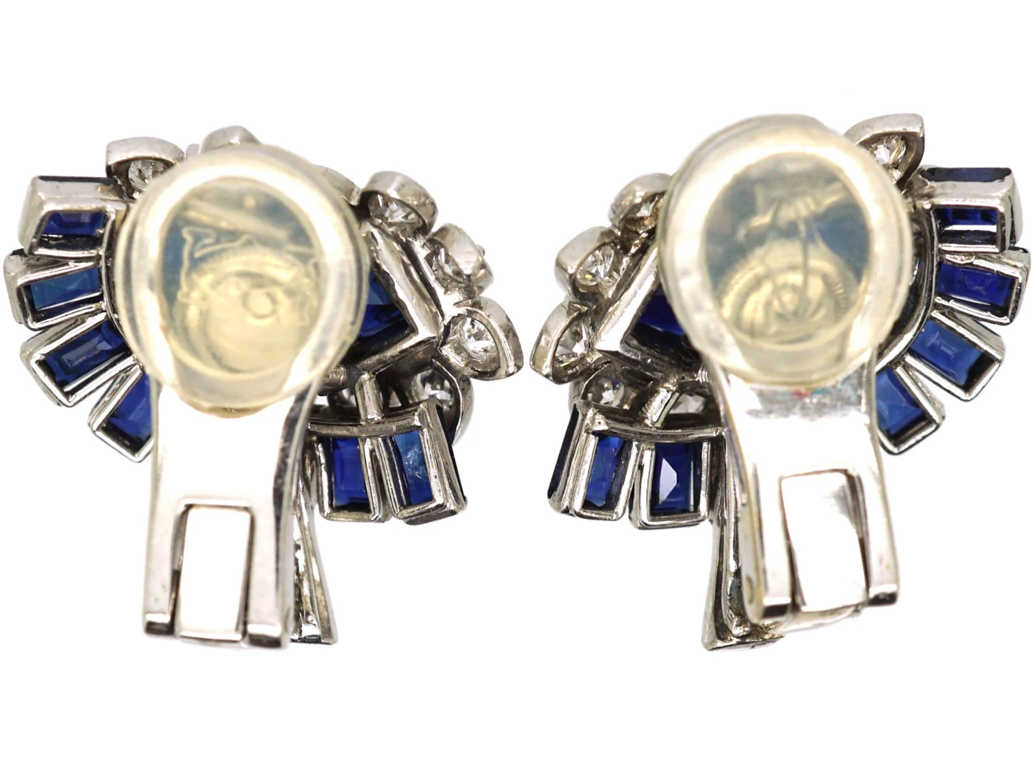 Retro 18ct White Gold Sapphire & Diamond Clip On Flower Earrings Attributed To Cartier 4 Retro 18ct White Gold Sapphire & Diamond Clip On Flower Earrings Attributed To Cartier - Image 2
