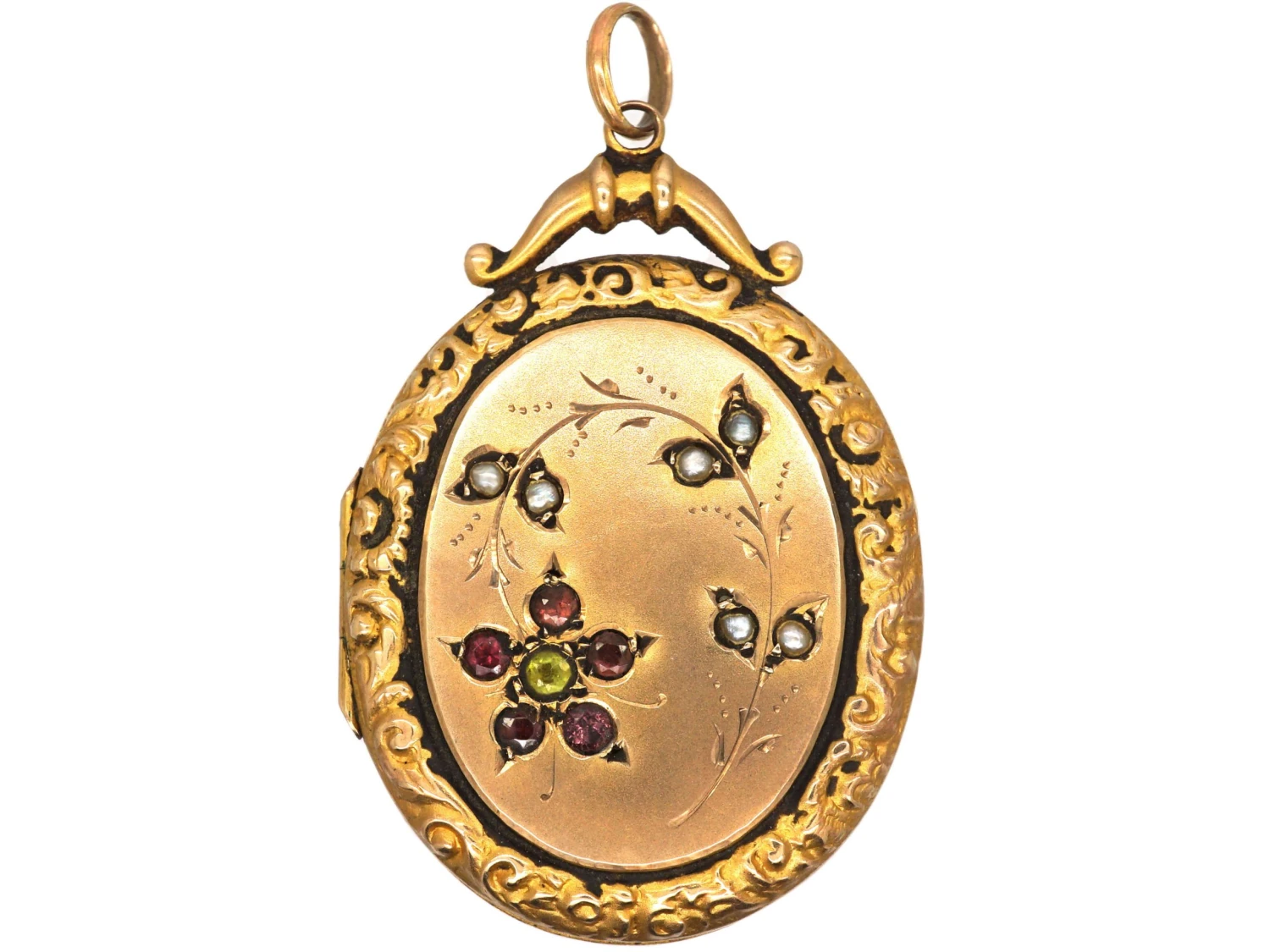 Edwardian 9ct Gold Oval Locket With Flower Motif Set With Garnets, Peridot & Natural Split Pearls 3 Edwardian 9ct Gold Oval Locket With Flower Motif Set With Garnets, Peridot & Natural Split Pearls