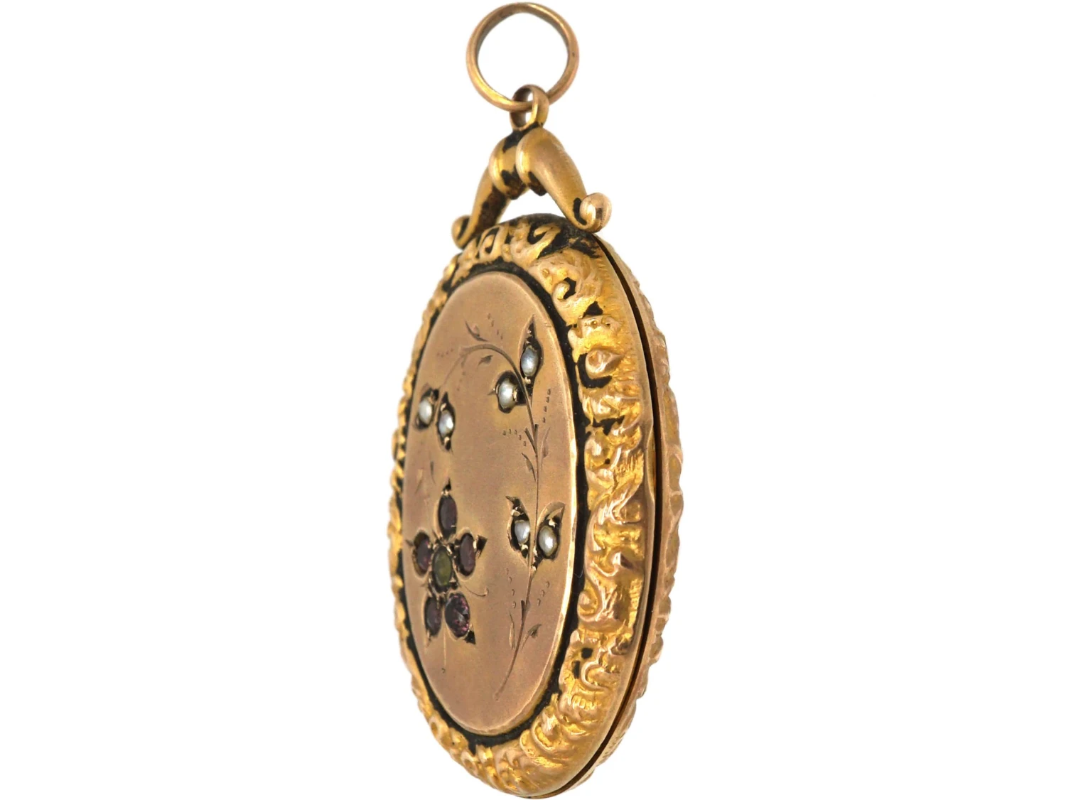 Edwardian 9ct Gold Oval Locket With Flower Motif Set With Garnets, Peridot & Natural Split Pearls 4 Edwardian 9ct Gold Oval Locket With Flower Motif Set With Garnets, Peridot & Natural Split Pearls - Image 2