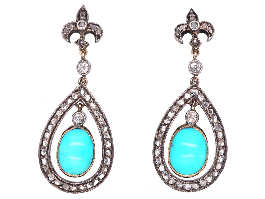 Edwardian Turquoise & Rose Diamond Drop Earrings 3 Edwardian Turquoise & Rose Diamond Drop Earrings