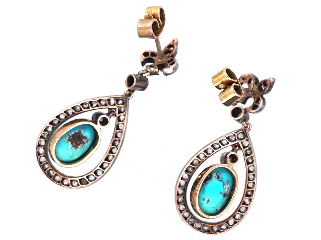 Edwardian Turquoise & Rose Diamond Drop Earrings 5 Edwardian Turquoise & Rose Diamond Drop Earrings - Image 3