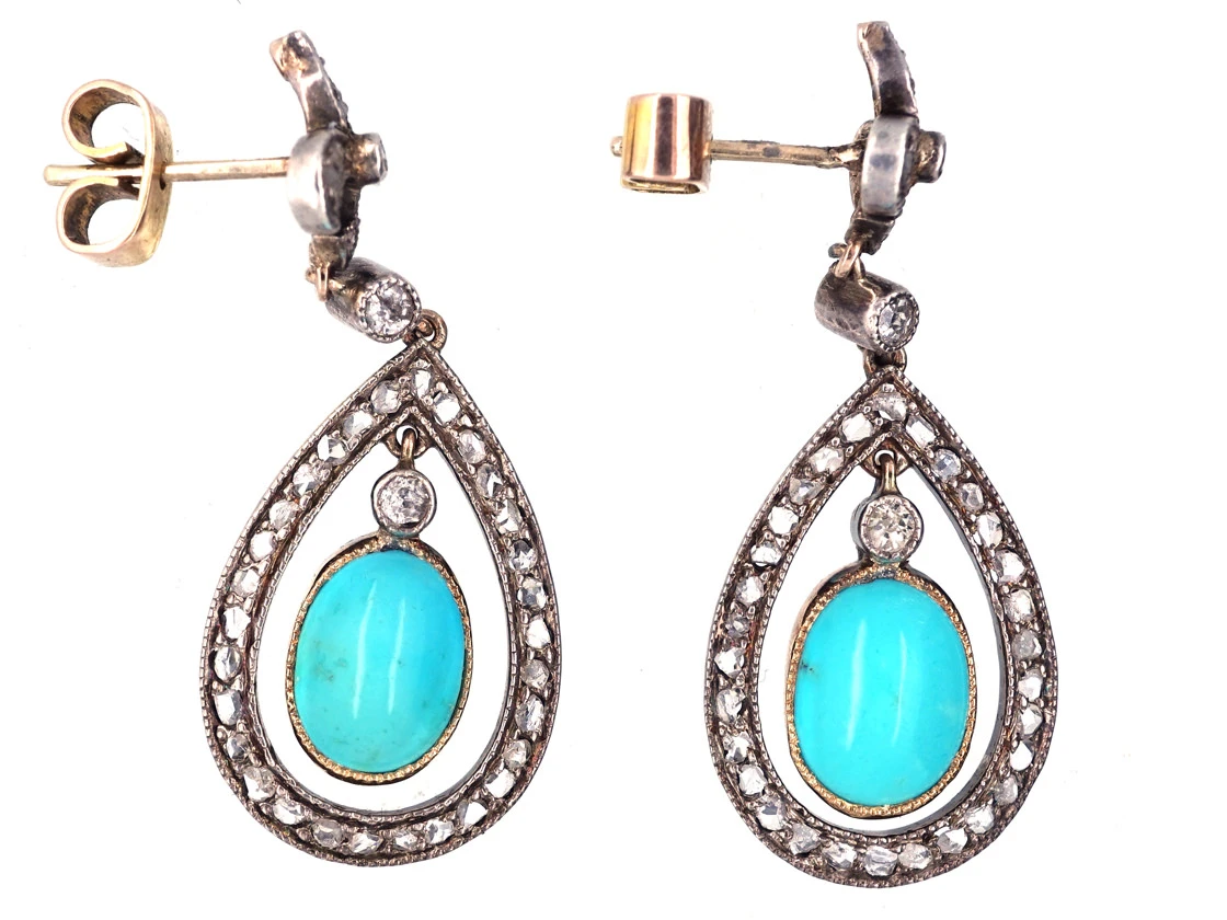 Edwardian Turquoise & Rose Diamond Drop Earrings 6 Edwardian Turquoise & Rose Diamond Drop Earrings - Image 4
