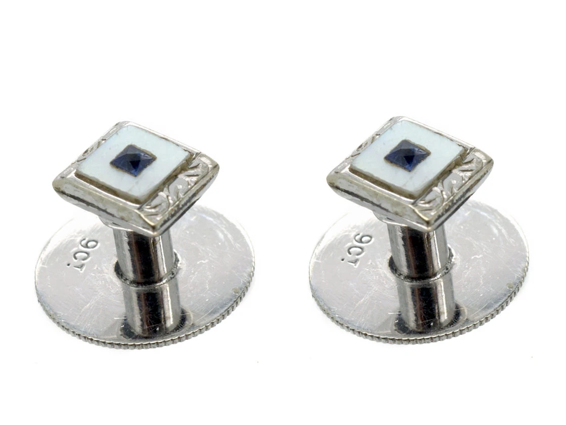 Art Deco 9ct White Gold & Sapphire Cufflinks Studs & Buttons Set In Original Case 7 Art Deco 9ct White Gold & Sapphire Cufflinks Studs & Buttons Set In Original Case - Image 5