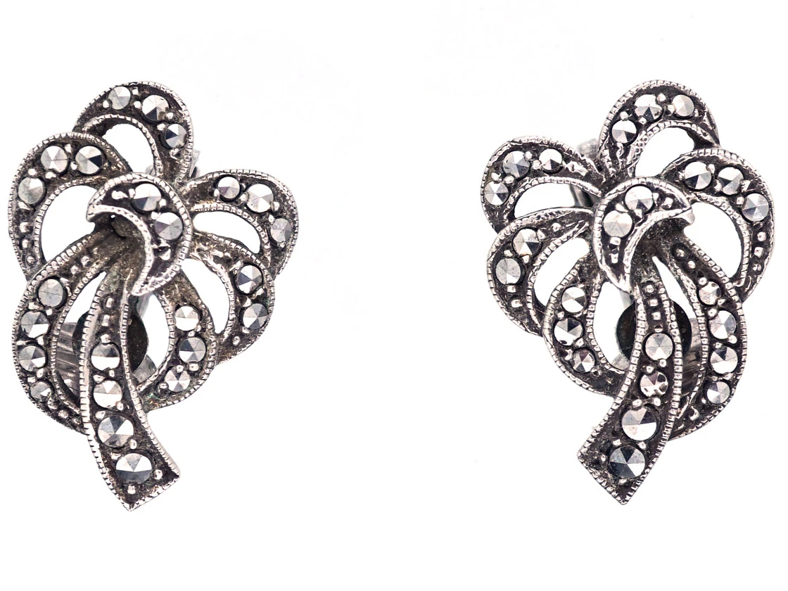 Silver & Marcasite Clip On Bow Earrings 3 Silver & Marcasite Clip On Bow Earrings