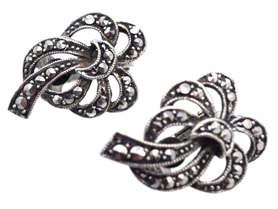 Silver & Marcasite Clip On Bow Earrings 4 Silver & Marcasite Clip On Bow Earrings - Image 2