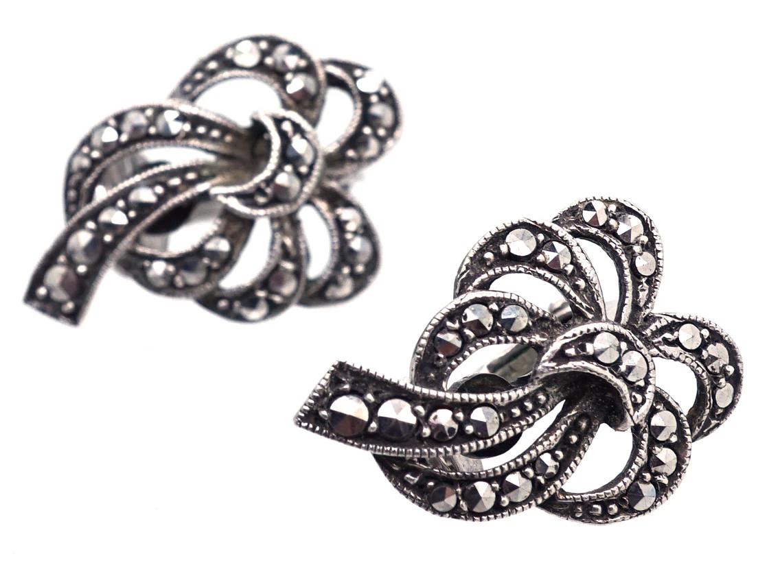 Silver & Marcasite Clip On Bow Earrings 5 Silver & Marcasite Clip On Bow Earrings - Image 3