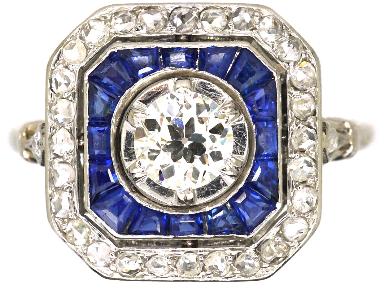 Art Deco Platinum, Old Mine Cut Diamond & Calibre Cut Sapphire Ring 3 Art Deco Platinum, Old Mine Cut Diamond & Calibre Cut Sapphire Ring