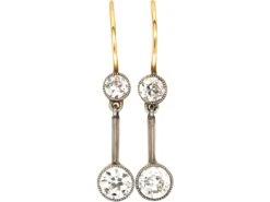 Early 20th Century 14ct Gold & Platinum, Two Stone Diamond Drop Earrings