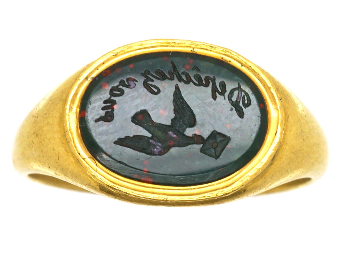 Georgian 18ct Gold Bloodstone Signet Ring With Bird & Envelope Intaglio 3 Georgian 18ct Gold Bloodstone Signet Ring With Bird & Envelope Intaglio
