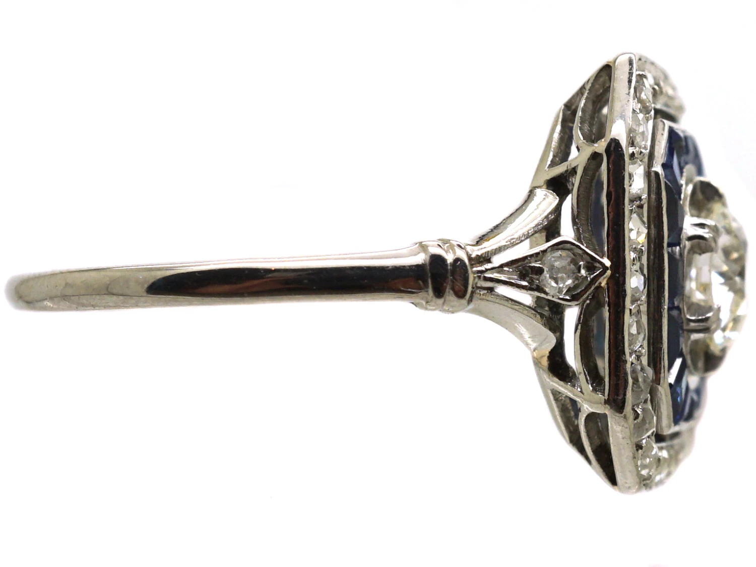 Art Deco Platinum, Old Mine Cut Diamond & Calibre Cut Sapphire Ring 6 Art Deco Platinum, Old Mine Cut Diamond & Calibre Cut Sapphire Ring - Image 4