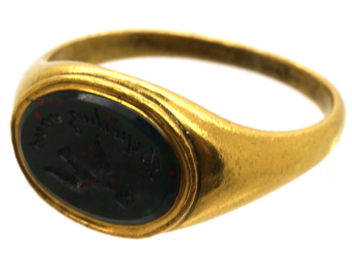 Georgian 18ct Gold Bloodstone Signet Ring With Bird & Envelope Intaglio 8 Georgian 18ct Gold Bloodstone Signet Ring With Bird & Envelope Intaglio - Image 6
