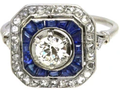 Art Deco Platinum, Old Mine Cut Diamond & Calibre Cut Sapphire Ring 13 Art Deco Platinum, Old Mine Cut Diamond & Calibre Cut Sapphire Ring -Antique Jewellery Company DSC03758 1