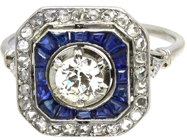 Art Deco Platinum, Old Mine Cut Diamond & Calibre Cut Sapphire Ring 8 Art Deco Platinum, Old Mine Cut Diamond & Calibre Cut Sapphire Ring - Image 6