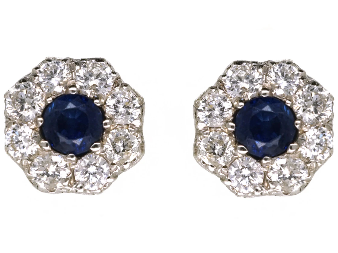 18ct White Gold Sapphire & Diamond Cluster Earrings 3 18ct White Gold Sapphire & Diamond Cluster Earrings