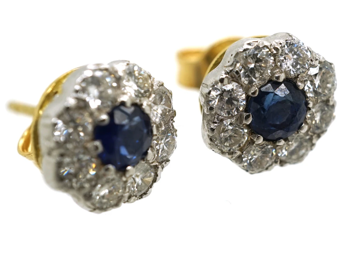 18ct White Gold Sapphire & Diamond Cluster Earrings 4 18ct White Gold Sapphire & Diamond Cluster Earrings - Image 2