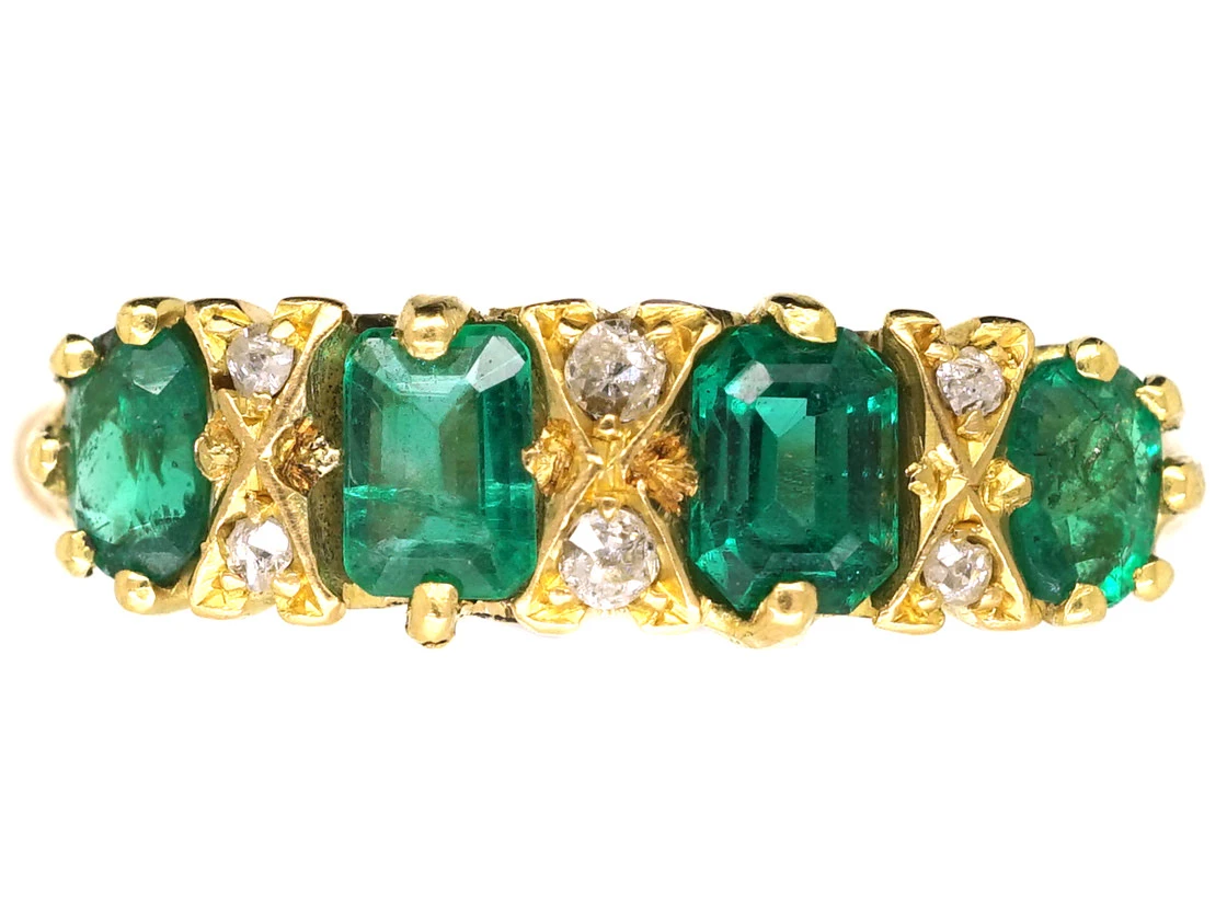 Victorian 18ct Gold, Four Stone Emerald & Diamond Carved Half Hoop Ring 3 Victorian 18ct Gold, Four Stone Emerald & Diamond Carved Half Hoop Ring