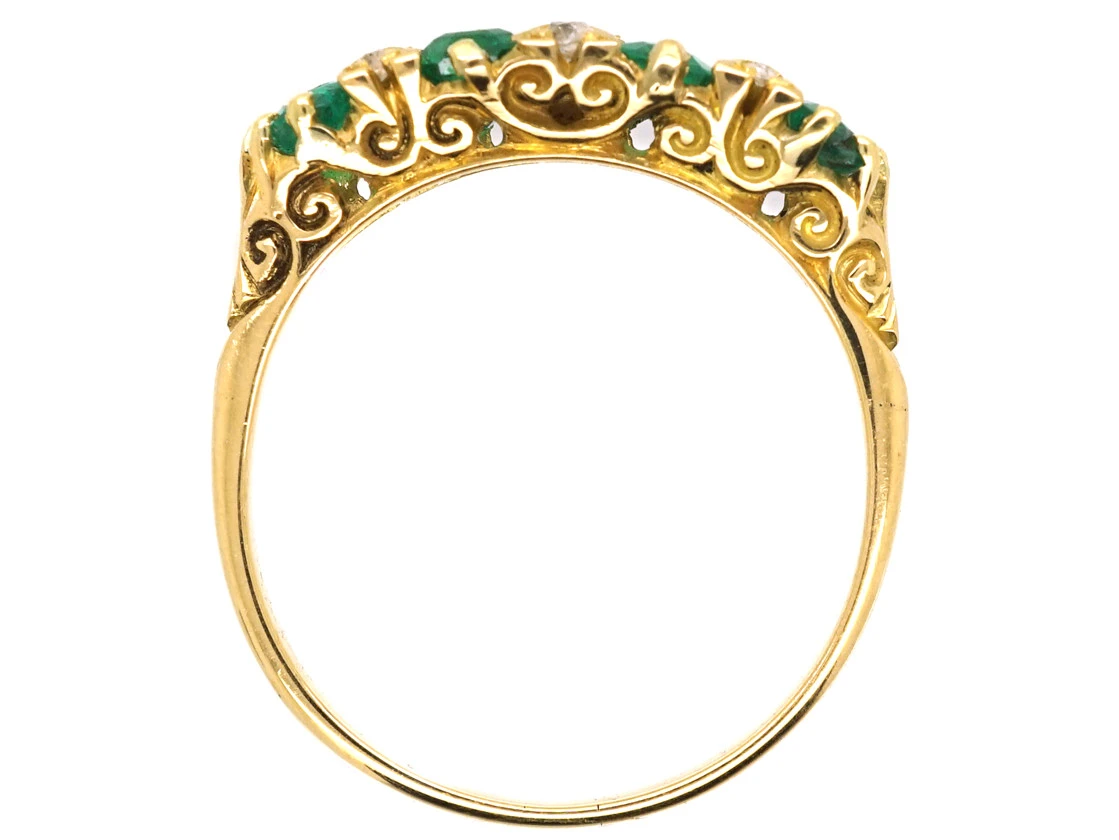 Victorian 18ct Gold, Four Stone Emerald & Diamond Carved Half Hoop Ring 8 Victorian 18ct Gold, Four Stone Emerald & Diamond Carved Half Hoop Ring - Image 6