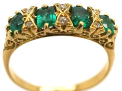 Victorian 18ct Gold, Four Stone Emerald & Diamond Carved Half Hoop Ring 13 Victorian 18ct Gold, Four Stone Emerald & Diamond Carved Half Hoop Ring -Antique Jewellery Company DSC03817