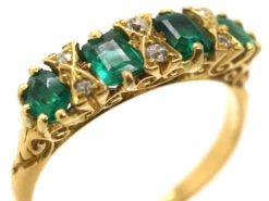 Victorian 18ct Gold, Four Stone Emerald & Diamond Carved Half Hoop Ring 14 Victorian 18ct Gold, Four Stone Emerald & Diamond Carved Half Hoop Ring -Antique Jewellery Company DSC03819