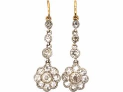 Edwardian 15ct Gold & Platinum Drop Daisy Cluster Earrings Set With Diamonds