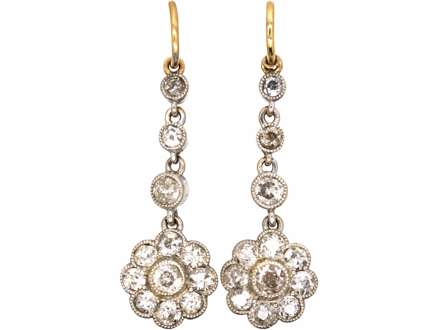 Edwardian 15ct Gold & Platinum Drop Daisy Cluster Earrings Set With Diamonds 3 Edwardian 15ct Gold & Platinum Drop Daisy Cluster Earrings Set With Diamonds