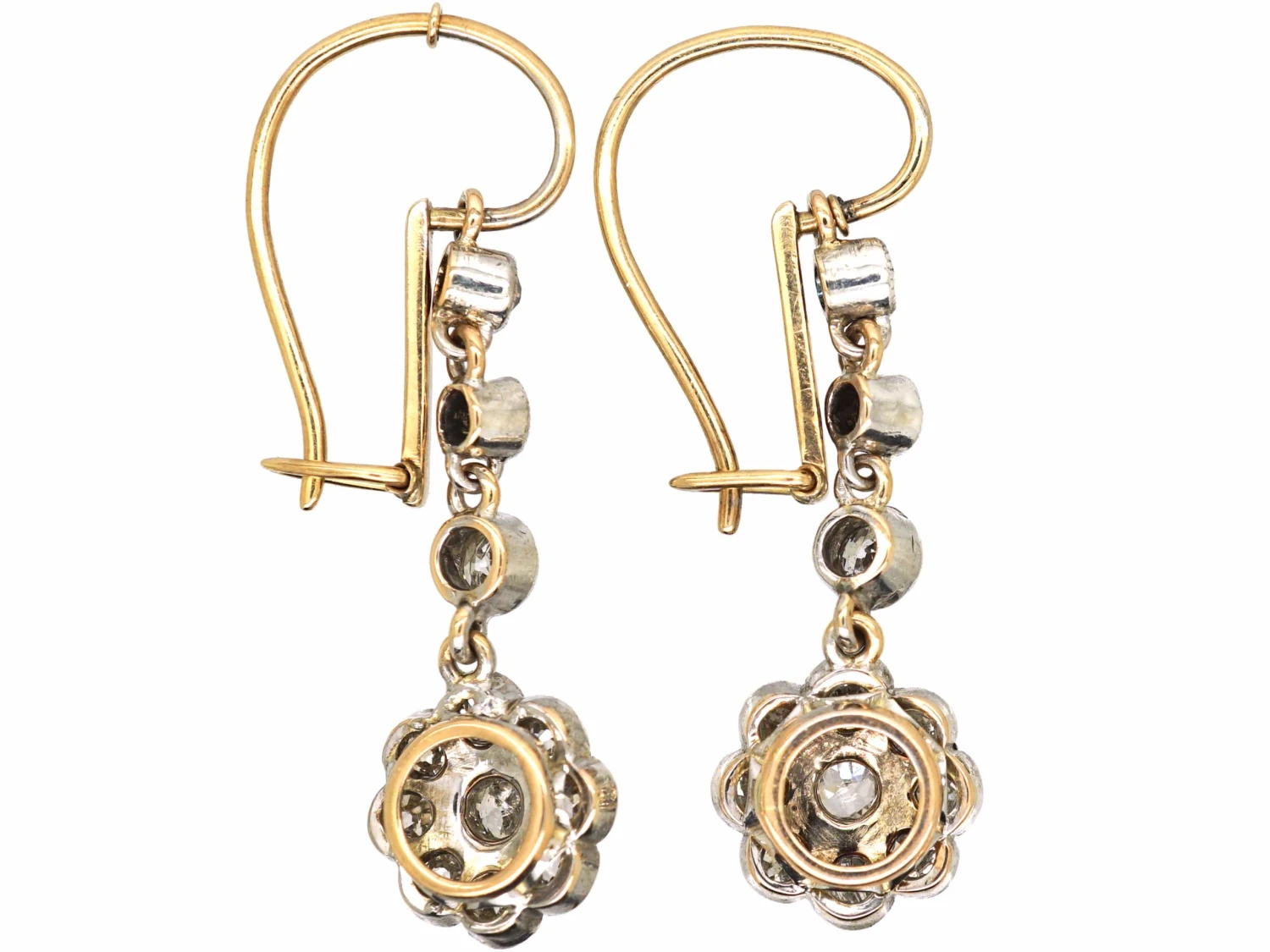 Edwardian 15ct Gold & Platinum Drop Daisy Cluster Earrings Set With Diamonds 4 Edwardian 15ct Gold & Platinum Drop Daisy Cluster Earrings Set With Diamonds - Image 2