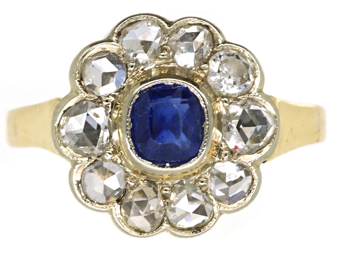 Edwardian 14ct Gold, Sapphire & Rose Diamond Cluster Ring 3 Edwardian 14ct Gold, Sapphire & Rose Diamond Cluster Ring