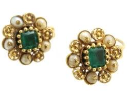 Georgian 18ct Gold, Emerald & Pearl Cluster Earrings -Antique Jewellery Company DSC03938