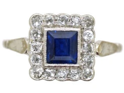 Art Deco 18ct White Gold, Platinum, Sapphire & Diamond Square Ring